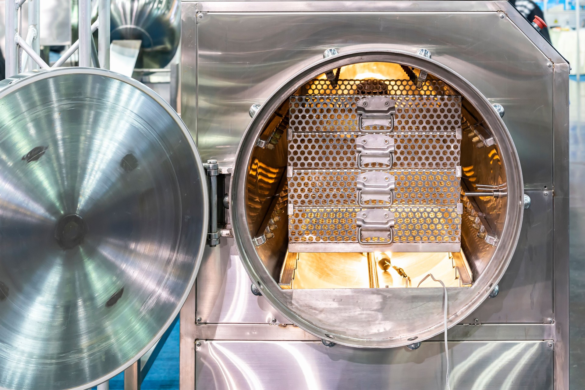 Stainless steel mesh basket placed in room automatic autoclave retort sterilization in food industry for manufacturing process